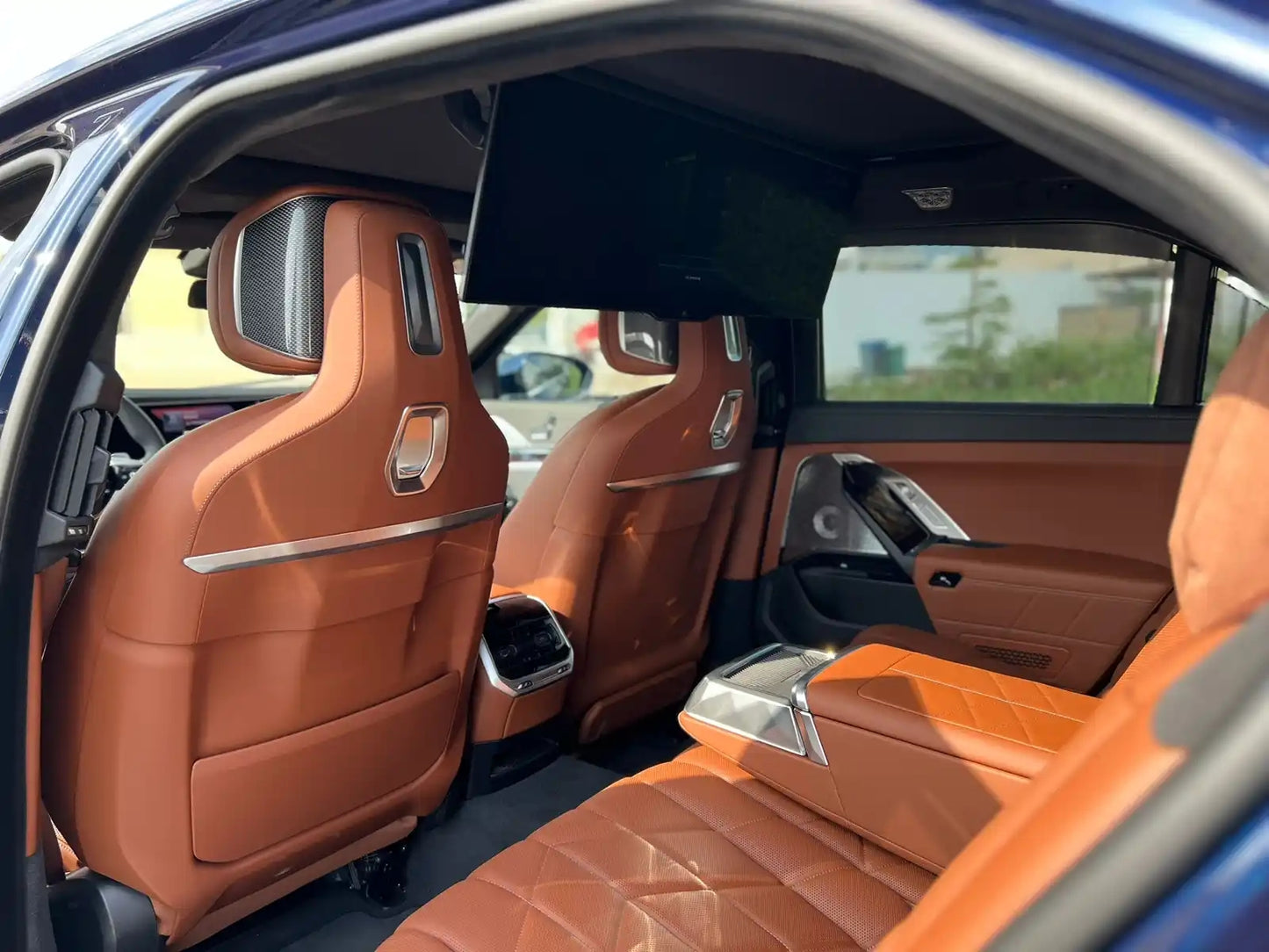 Close-up of the BMW 740i's luxurious leather seats and high-end interior details, available for rent in Dubai.