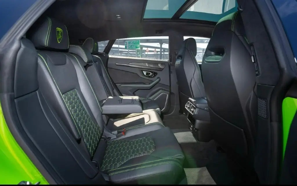 Close-up of the Akrapovic exhaust on a 2021 Lamborghini Urus, high-end SUV rental in Dubai.