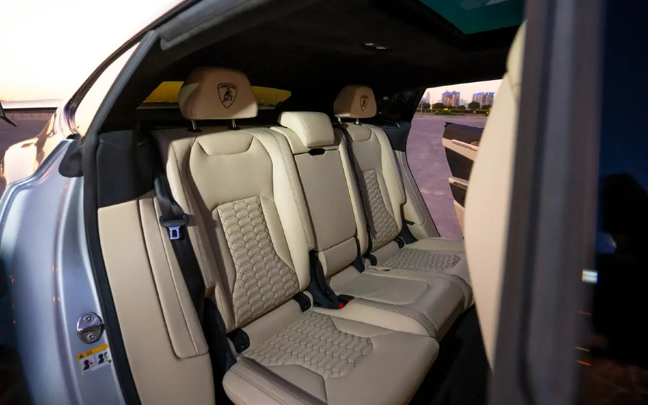 Bird's eye view of Lamborghini Urus Mansory, highlighting the luxury SUV's expansive custom Mansory rooftop and design, for rent in Dubai.