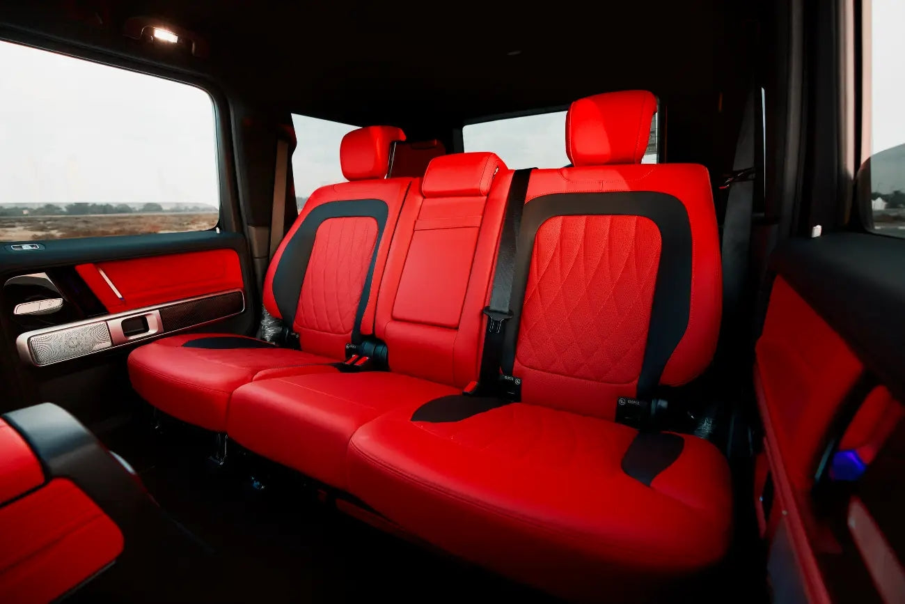 Opulent leather interior and state-of-the-art infotainment system inside the Mercedes Benz AMG G63, promising a premium rental experience in Dubai.