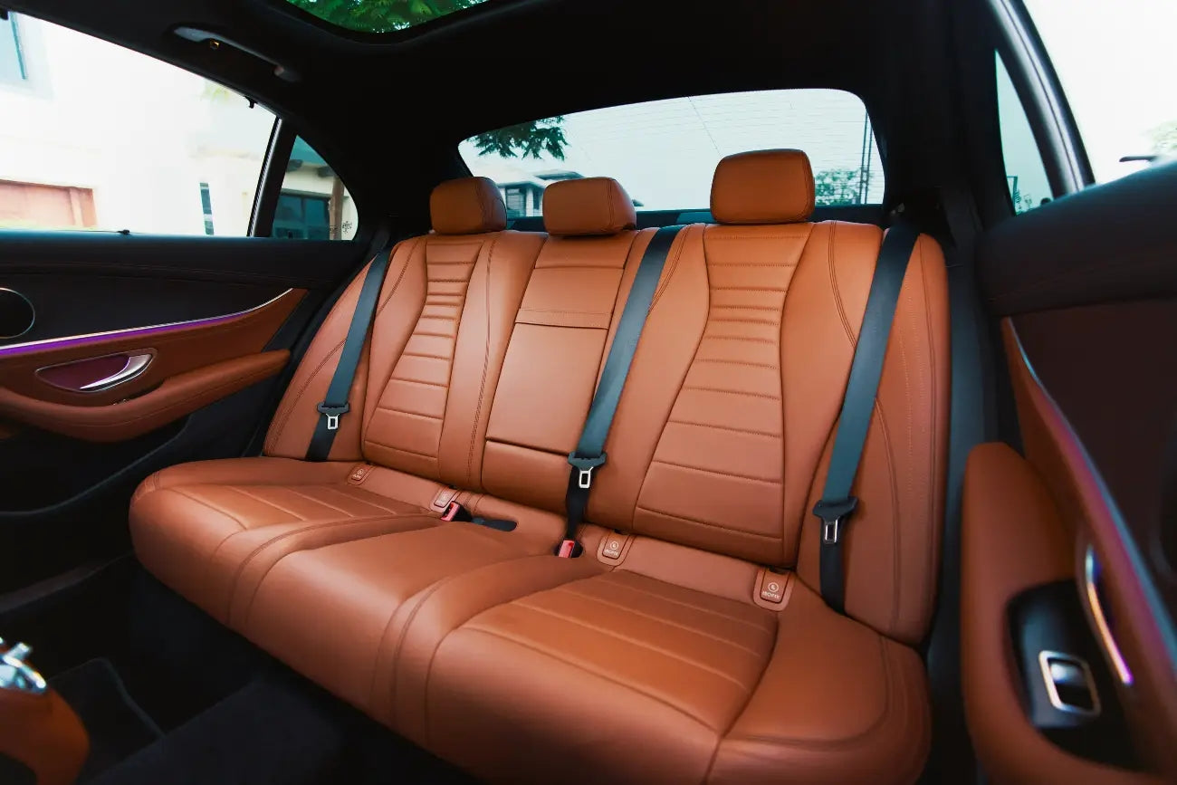 Spacious and luxurious rear seating of the Mercedes-Benz E300 2022, ideal for comfortable travels in Dubai.