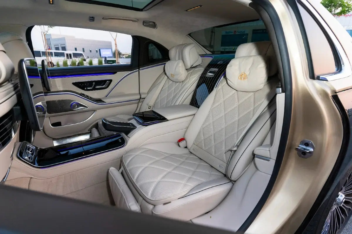 Mercedes Benz S680 Maybach in motion, showcasing its elegance and power, for rent in Dubai.