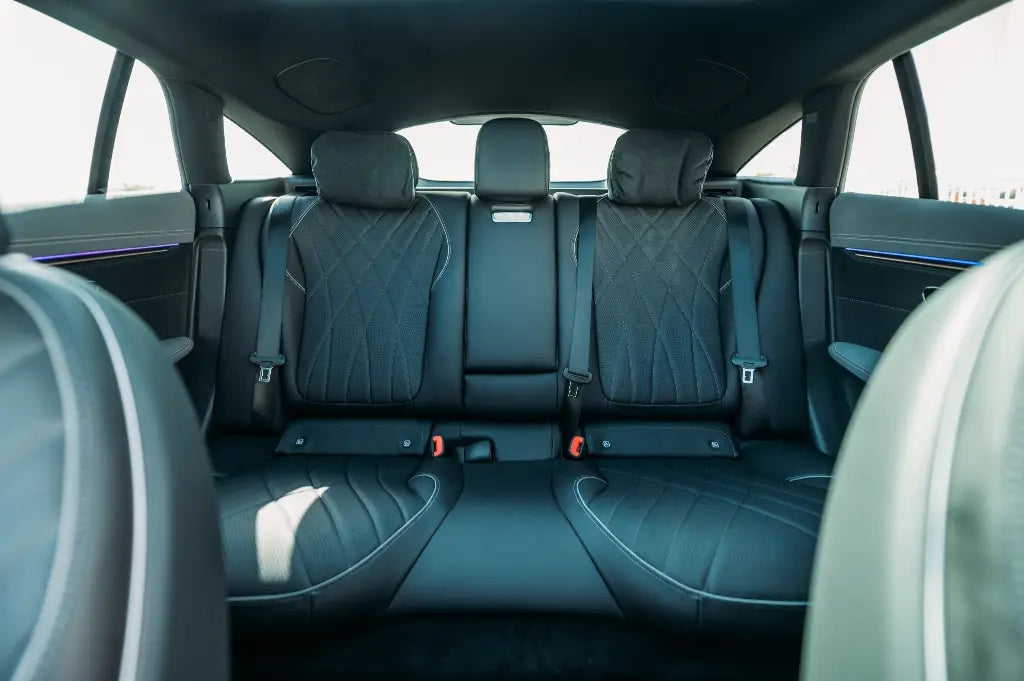 Close-up of the Mercedes EQS 580's luxurious interior and high-end finishes, exclusive for executive rentals in Dubai.