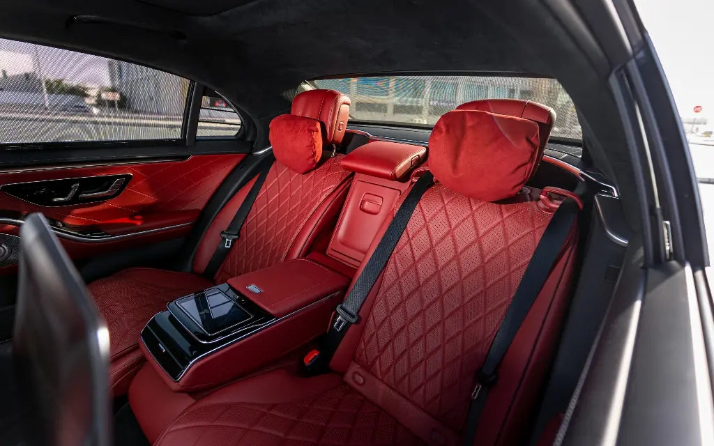 Close-up of Mercedes S500's alloy wheels and brand emblem, symbolizing premium rental options in Dubai.