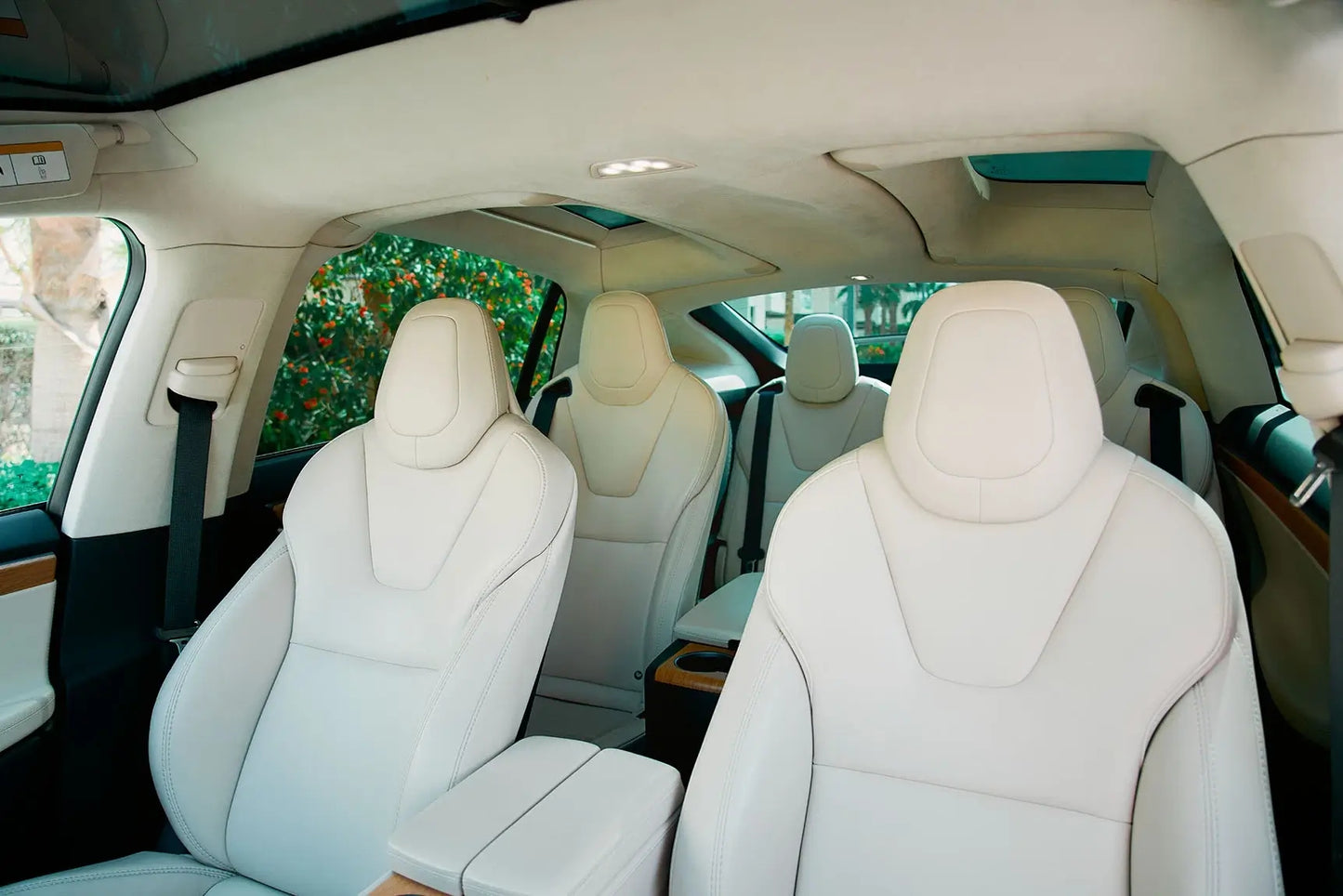 Rear angle of Tesla Model X, emphasizing spacious cargo for family rental luxury SUV in Dubai.