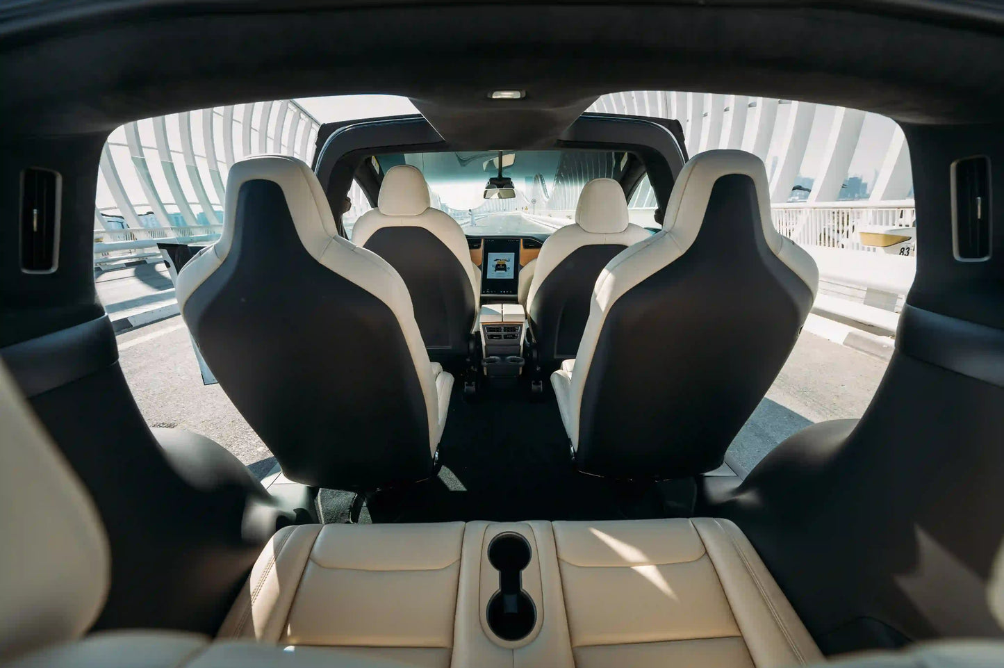 Eco-friendly Tesla Model X available for rent in Dubai, illustrating its electric powertrain and zero emissions.