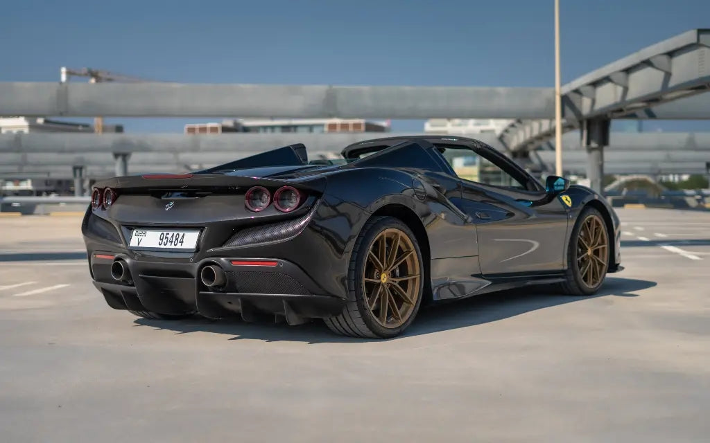 Rear angle of a Ferrari F8 Tributo Spyder, emphasizing the powerful exhaust system and elegant tail lights, for rent in Dubai.