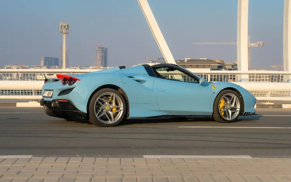Interior shot of a Ferrari F8 Tributo Spyder, highlighting the luxurious cockpit - rent in Dubai for an elite driving experience.