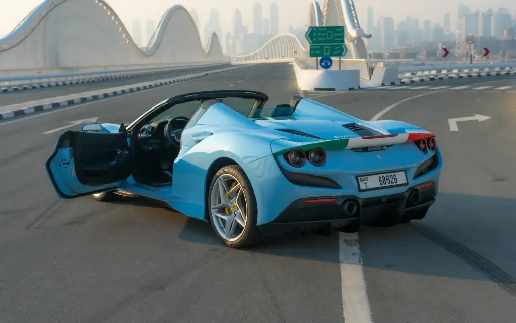 Rear angle of the Ferrari F8 Tributo Spyder, emphasizing its powerful exhaust and signature taillights - available for rental.