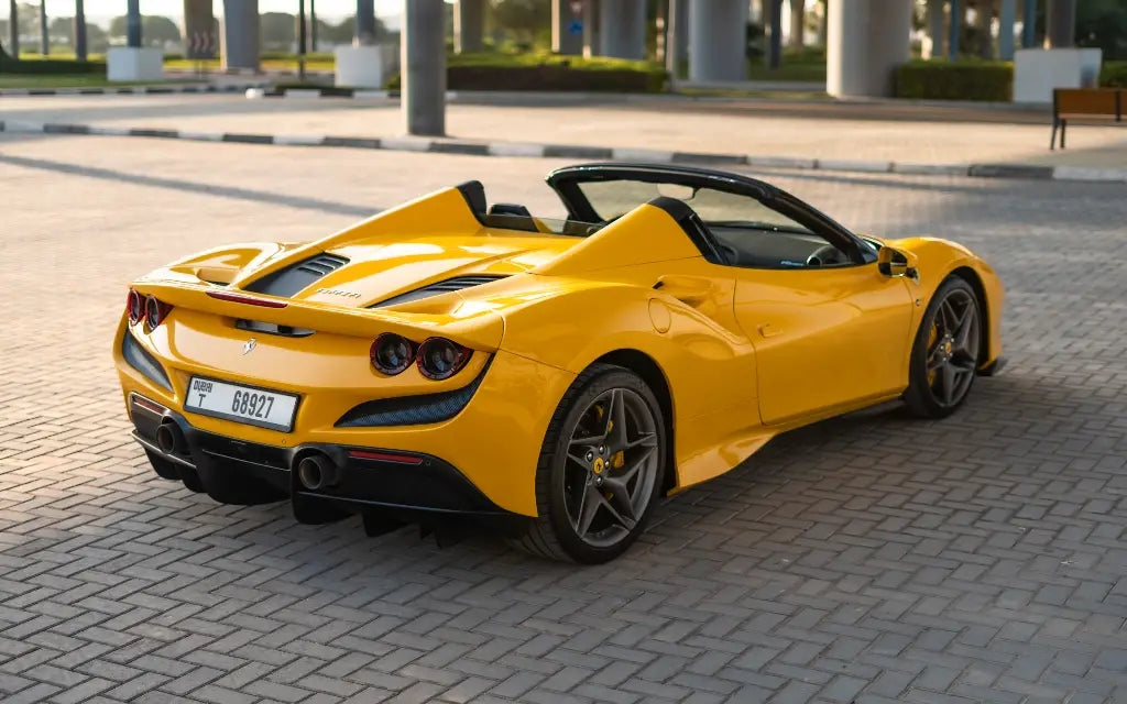Elegant interior of the Ferrari F8 Tributo Spyder, showcasing luxury car rental options in Dubai.