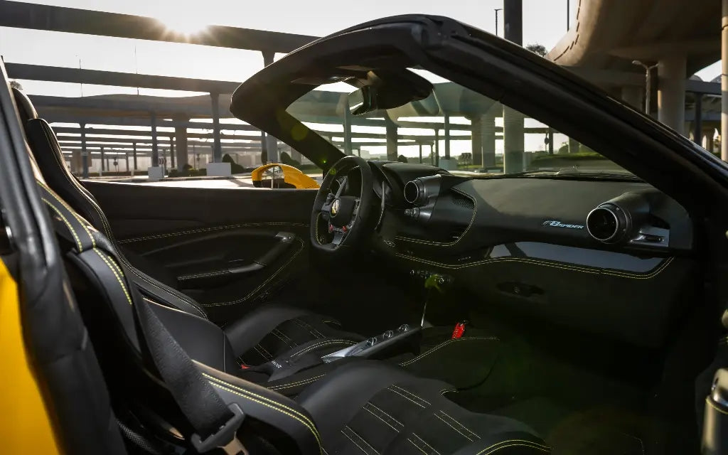 Ferrari F8 Tributo Spyder in action on Dubai's streets, a top choice for sports car rentals.
