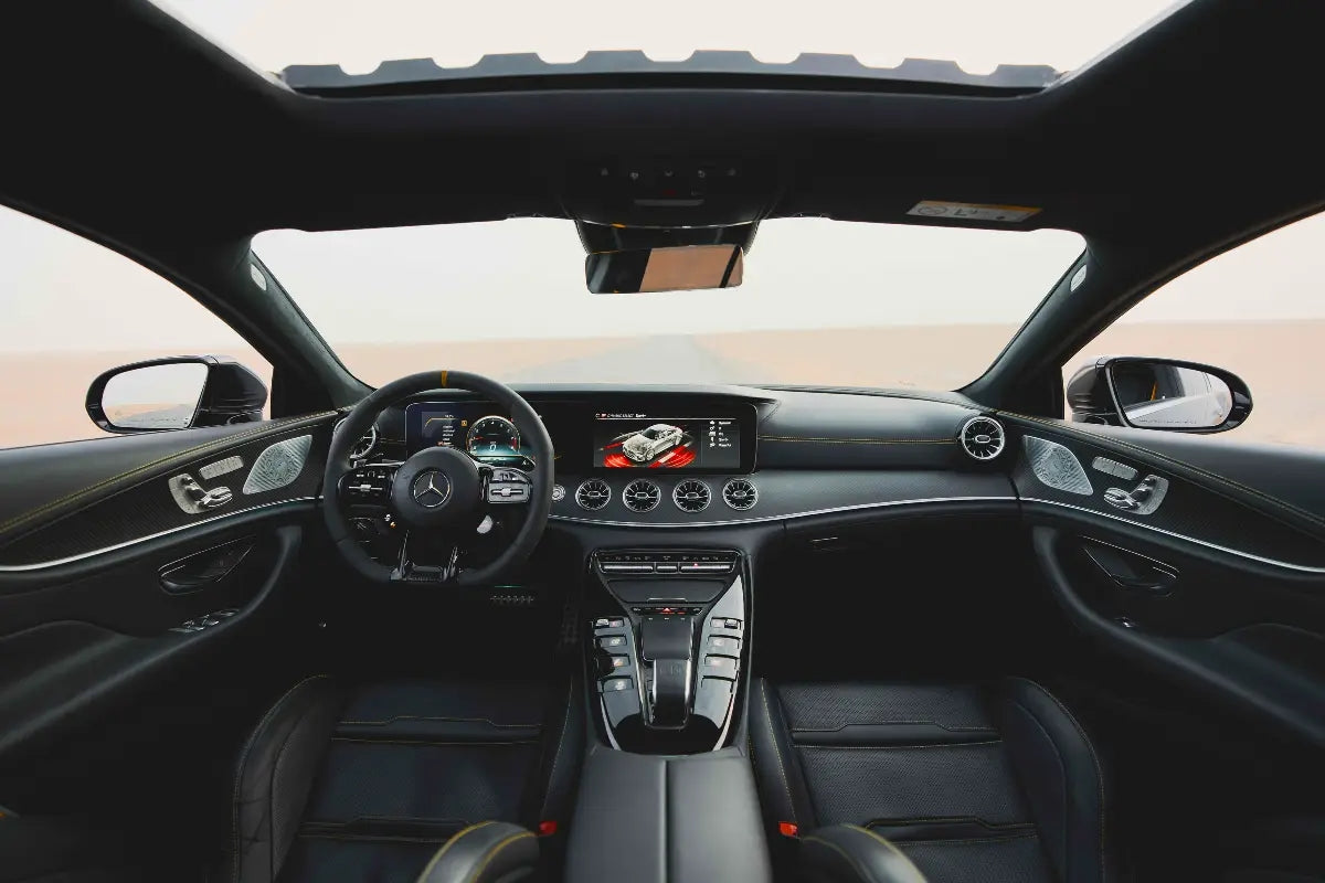 Mercedes Benz AMG GT 63s in action on the road, offering a glimpse into the luxury driving experience available in Dubai.