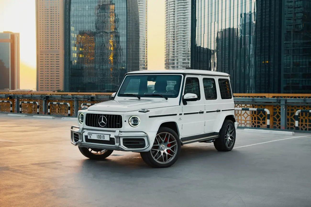 Luxurious Mercedes Benz G63, a high-end SUV for rent in Dubai, showcasing its sleek design and powerful stance.
