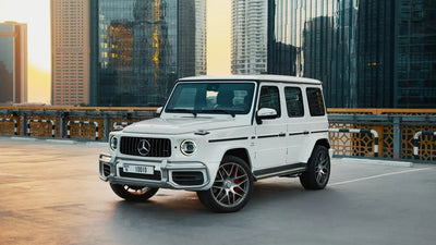 Luxurious Mercedes Benz G63, a high-end SUV for rent in Dubai, showcasing its sleek design and powerful stance.
