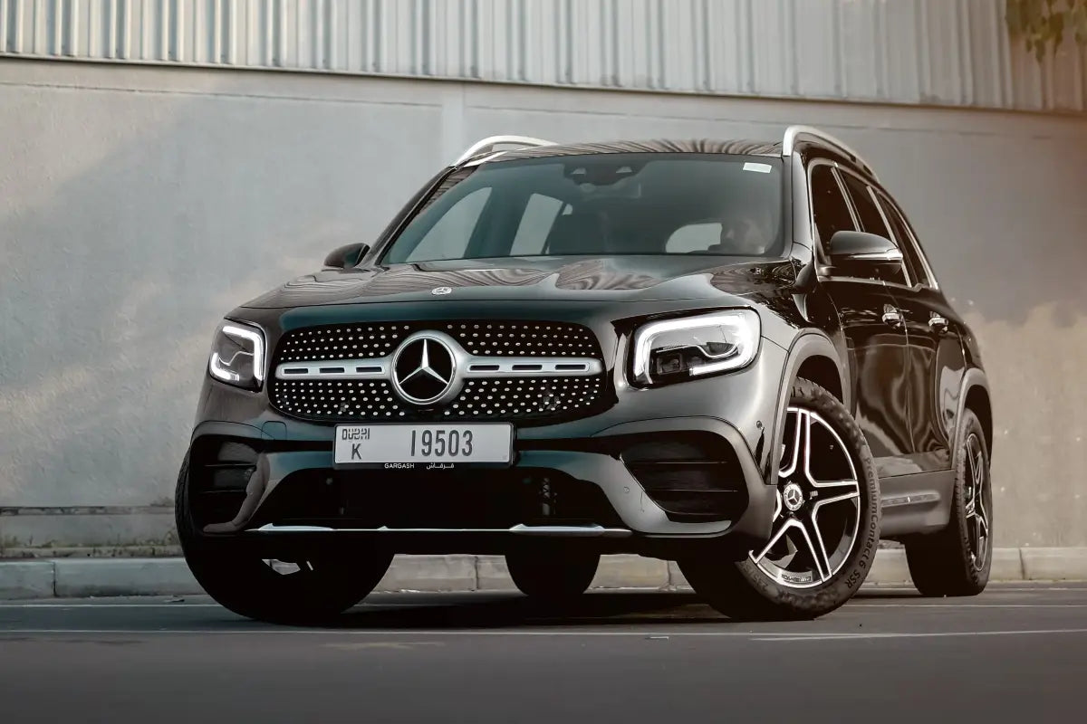 Front view of a sleek Mercedes Benz GLB 250 luxury SUV available for rent in Dubai, showcasing its modern design.