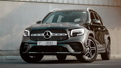 Front view of a sleek Mercedes Benz GLB 250 luxury SUV available for rent in Dubai, showcasing its modern design.