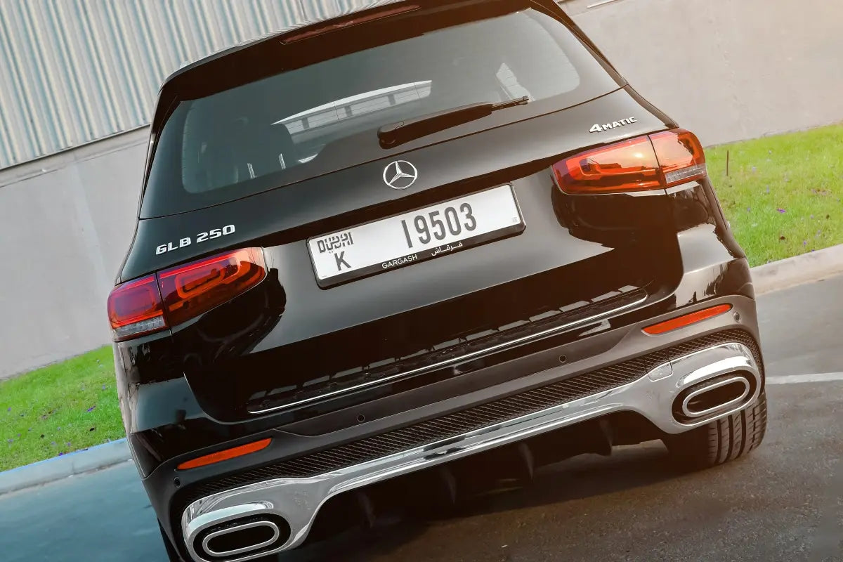 Side view of the Mercedes Benz GLB 250 showing its dynamic lines and luxury SUV profile, ready for rent in Dubai.