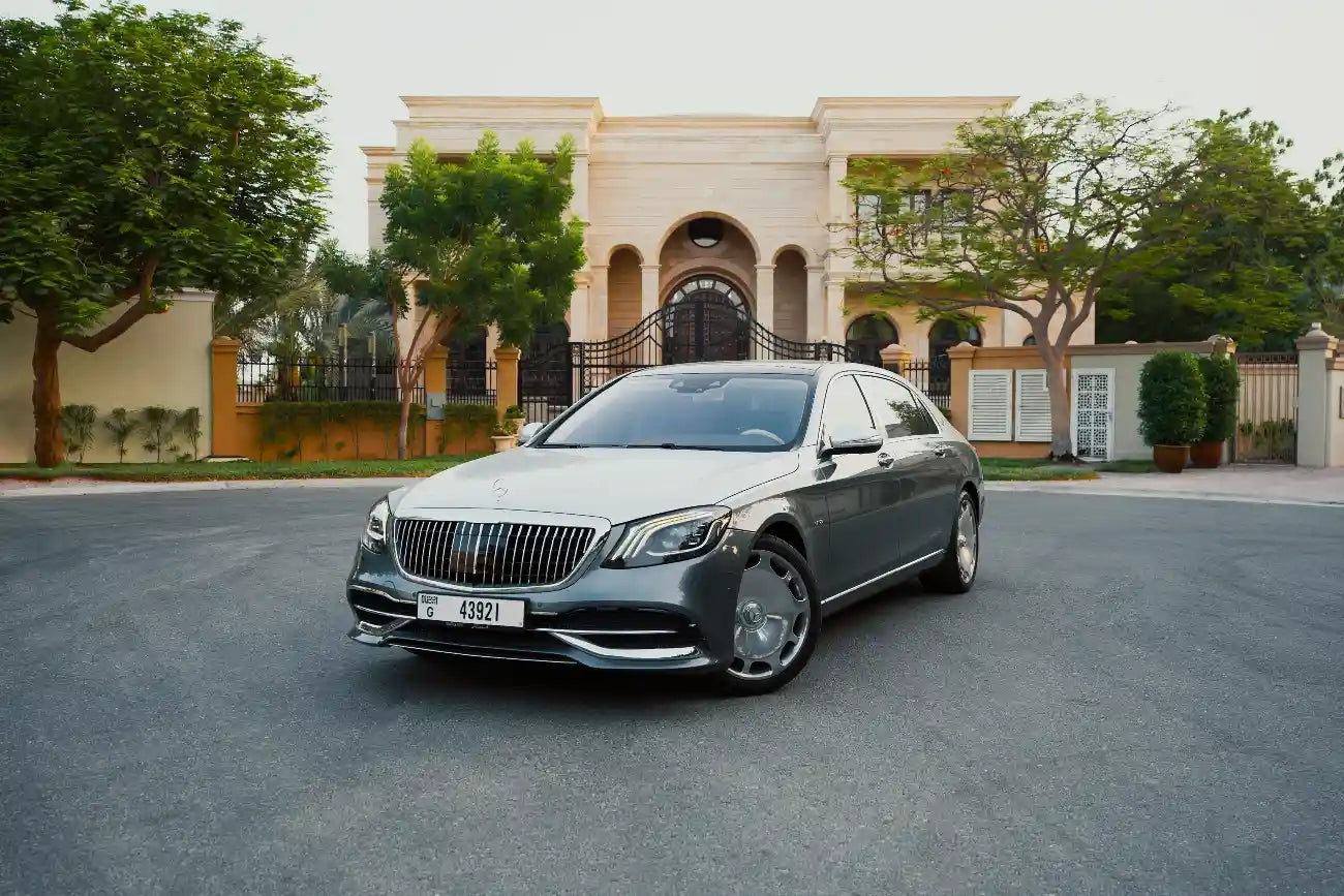 Luxury Mercedes Benz Maybach S650 front view, showcasing the elegant grille - perfect for executive rental in Dubai.