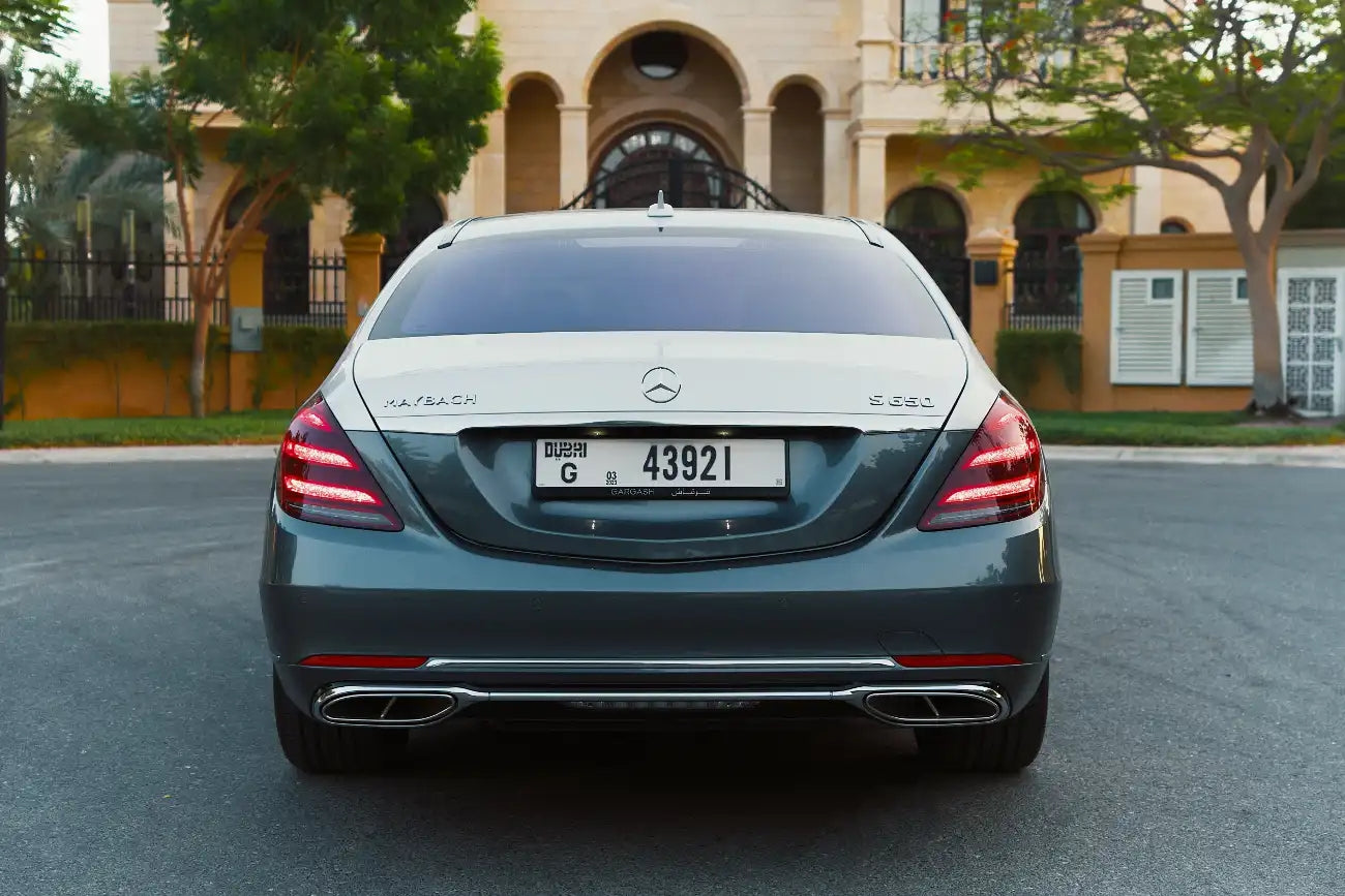Side profile of a Mercedes Benz Maybach S650 executive sedan, illustrating the sophisticated lines for Dubai's elite rental market.