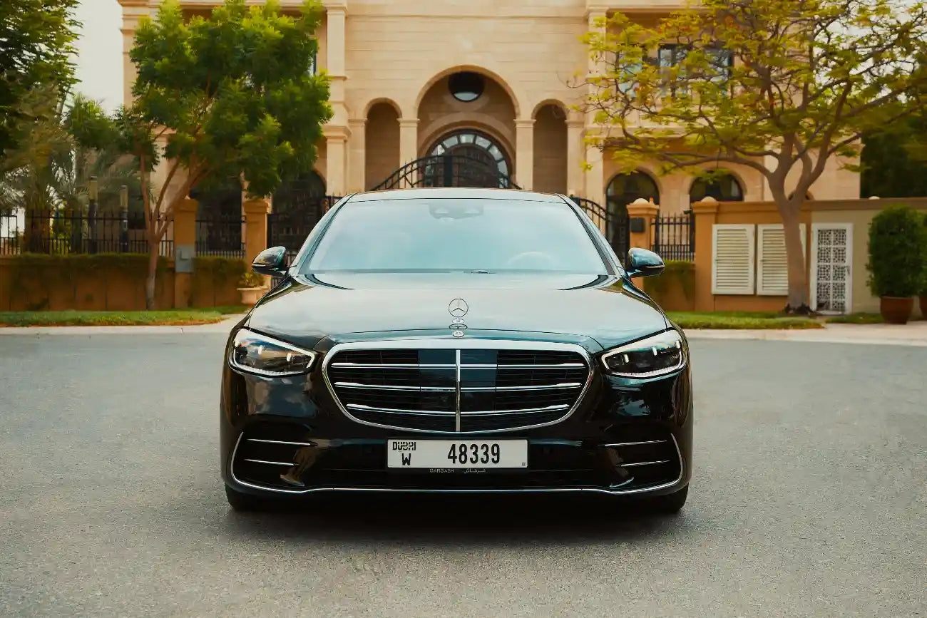 Interior view of a 2021 Mercedes-Benz S500 showcasing its luxurious cabin and advanced features - rent in Dubai