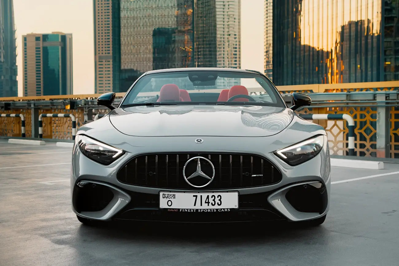 Elegant front view of Mercedes-Benz SL63 AMG, available for luxury rental in Dubai's vibrant city.