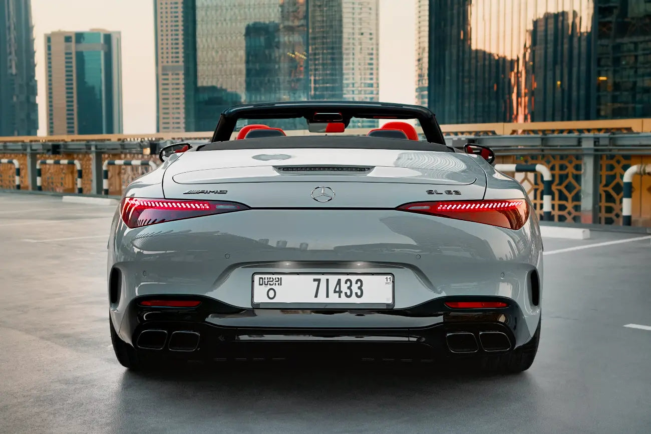 Interior shot of a Mercedes-Benz SL63 AMG, highlighting the luxurious cabin space for rent in Dubai.