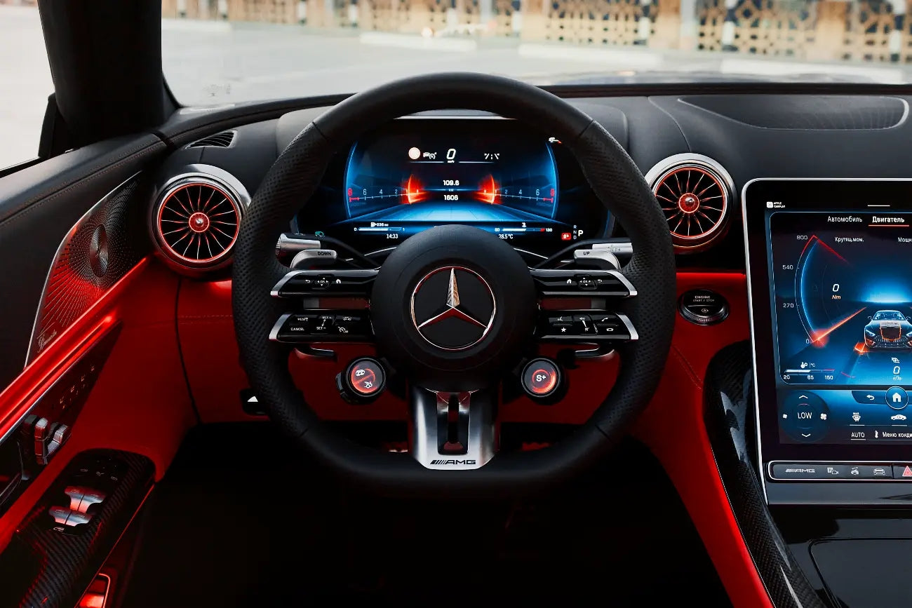 Mercedes-Benz SL63 AMG's powerful engine, ideal for high-performance enthusiasts looking to rent in Dubai.