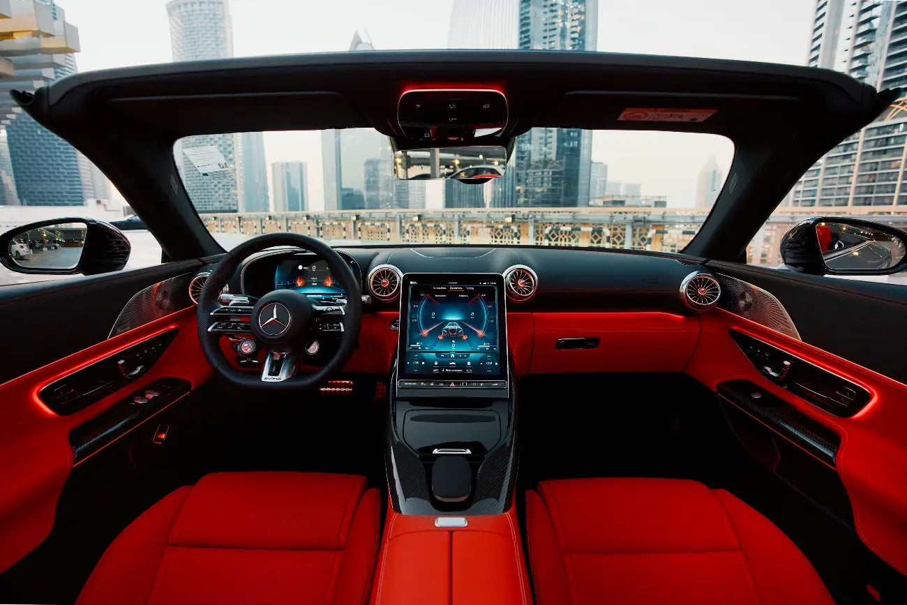 Close-up of the Mercedes-Benz SL63 AMG's alloy wheels and brake system, available for luxury drives in Dubai.