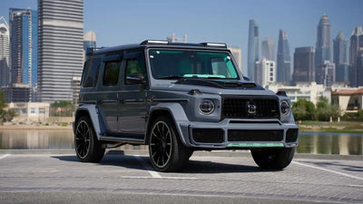 Front view of a sleek Mercedes Brabus G800 luxury SUV available for rent in Dubai.