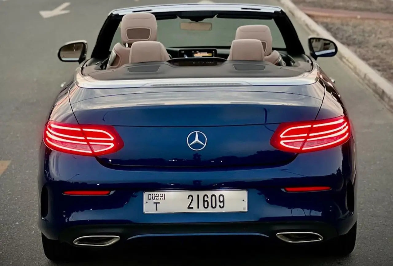 Elegant interior of a Mercedes C300 Convertible, luxurious choice for your Dubai trip.