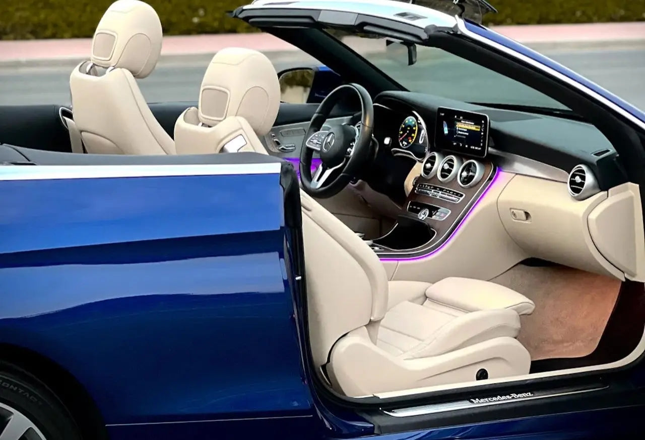 Front view of the opulent Mercedes C300 Convertible, an ideal luxury rental for exploring Dubai.