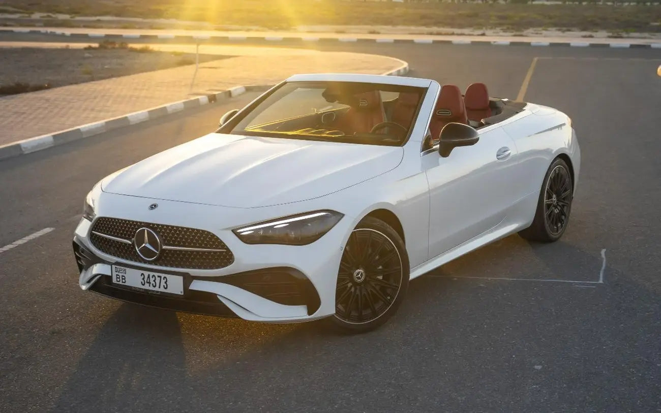 Elegant interior view of Mercedes CLE 200 convertible, showcasing sophisticated design for Dubai rentals.