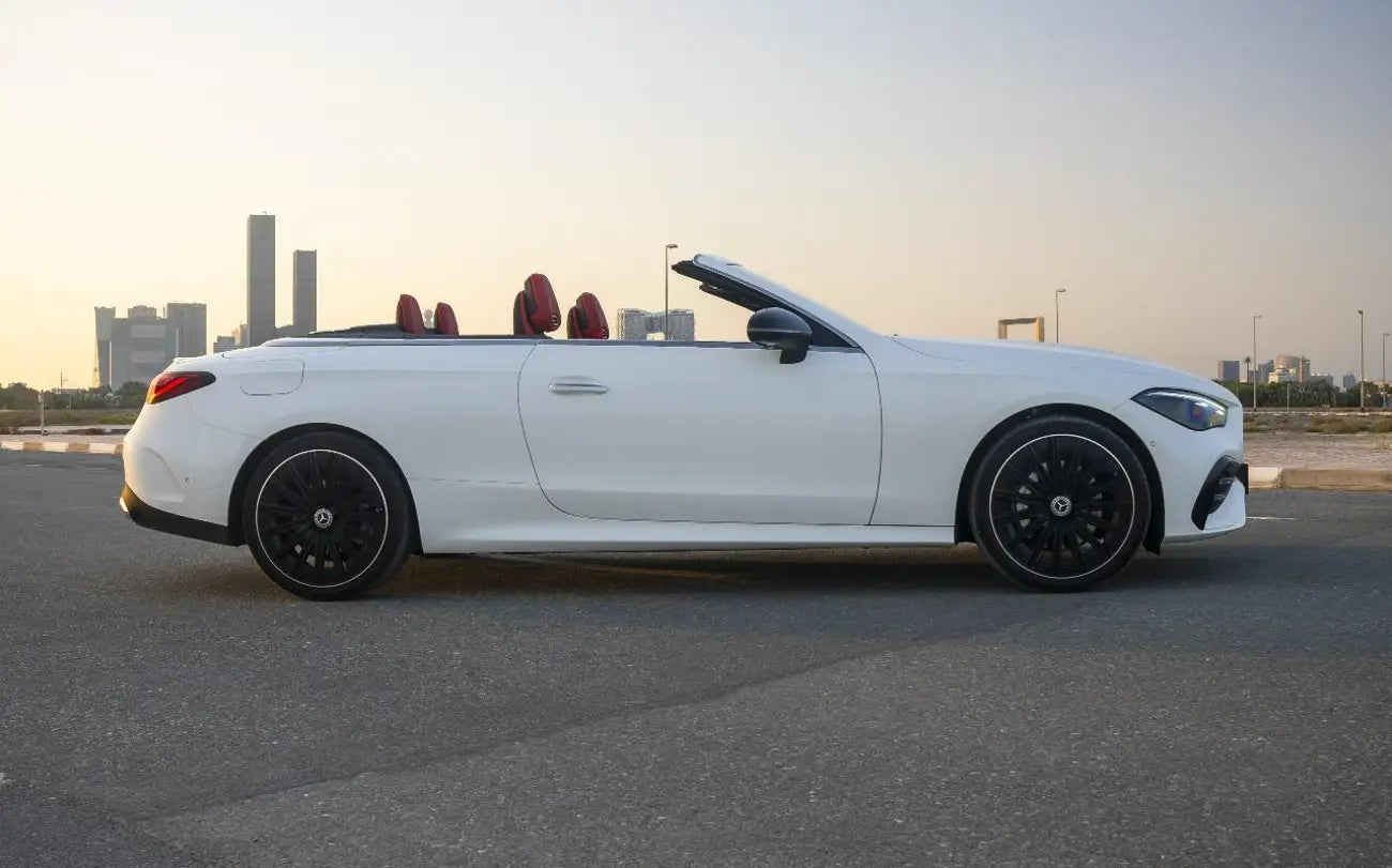 Dynamic rear view of Mercedes CLE 200, highlighting the convertible's sleek lines for rent in Dubai.