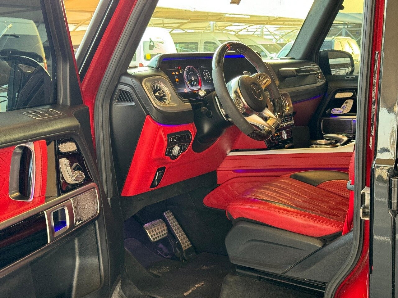 Interior view of a Mercedes G63 AMG luxury SUV - showcasing high-end finishes for rental in Dubai.