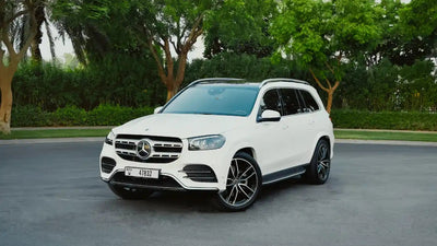 Luxurious Mercedes GLS 450 front view, showcasing sleek design - perfect for upscale rental in Dubai.