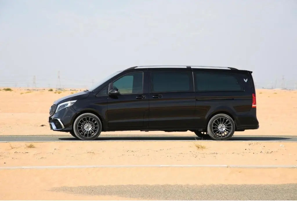 Elegant interior of Mercedes V250 VIP Falcon Edition, showcasing custom luxury features for rent in Dubai.