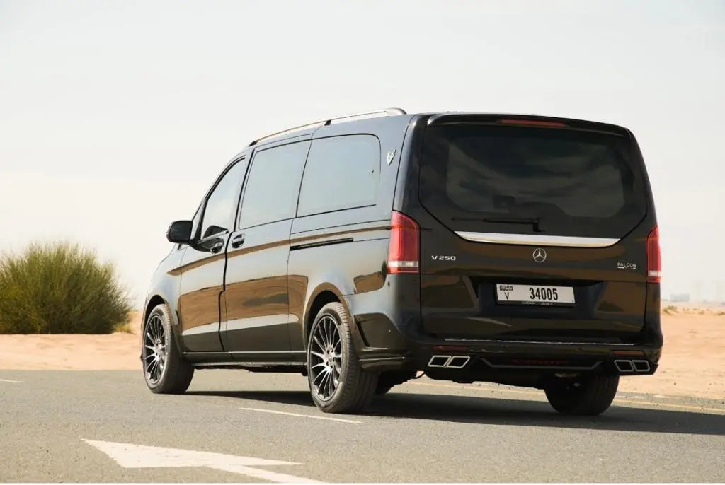 Front angle shot of the sophisticated Mercedes V250 VIP Falcon Edition, available for luxury rental in Dubai.